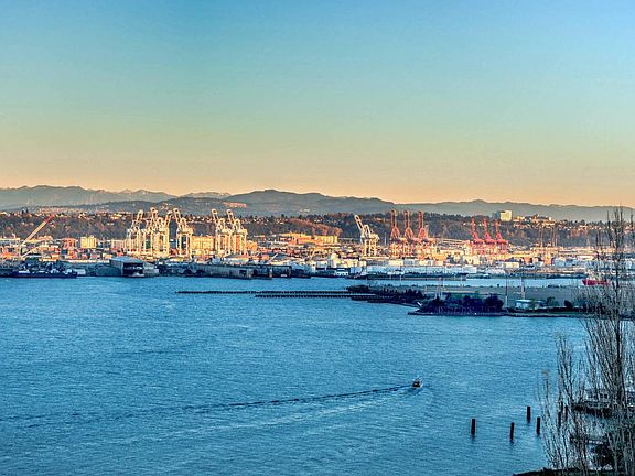 Cascade Mountains over Port of Seattle.