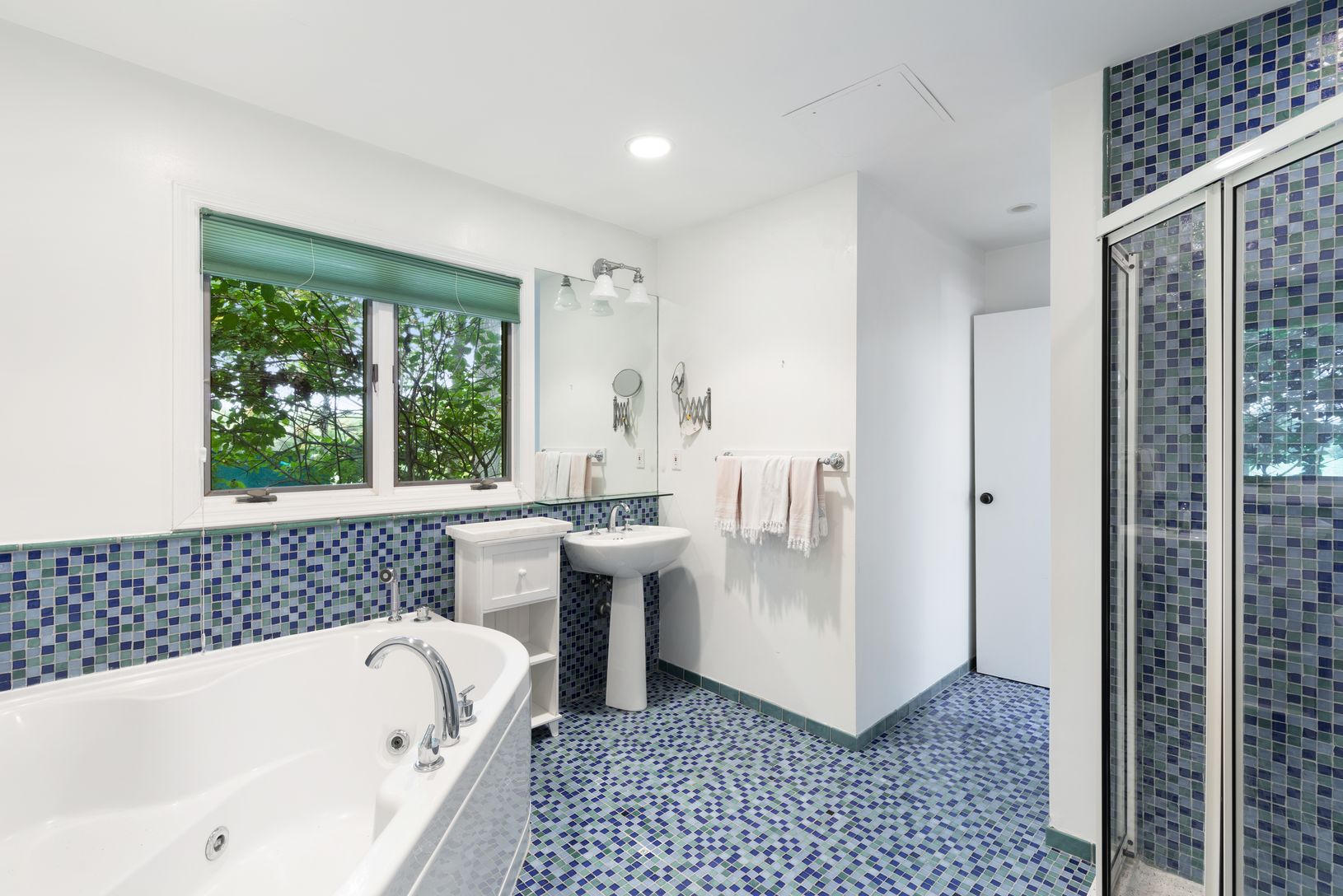  gang bathroom for twin and double and guests, jacuzzi tub and seperate shower