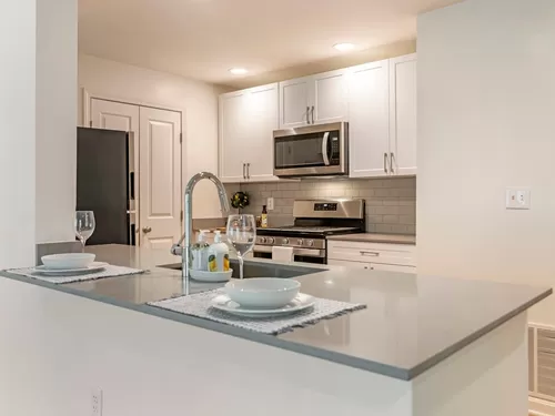 Renovated Package I kitchen with white cabinetry, grey quartz countertops, grey tile backsplash, stainless steel appliances, and hard surface plank flooring - Avalon at The Pinehills