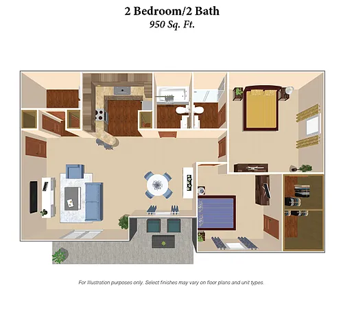 Floor plan 2 Bedroom, 2 Bath - 950SqFt
