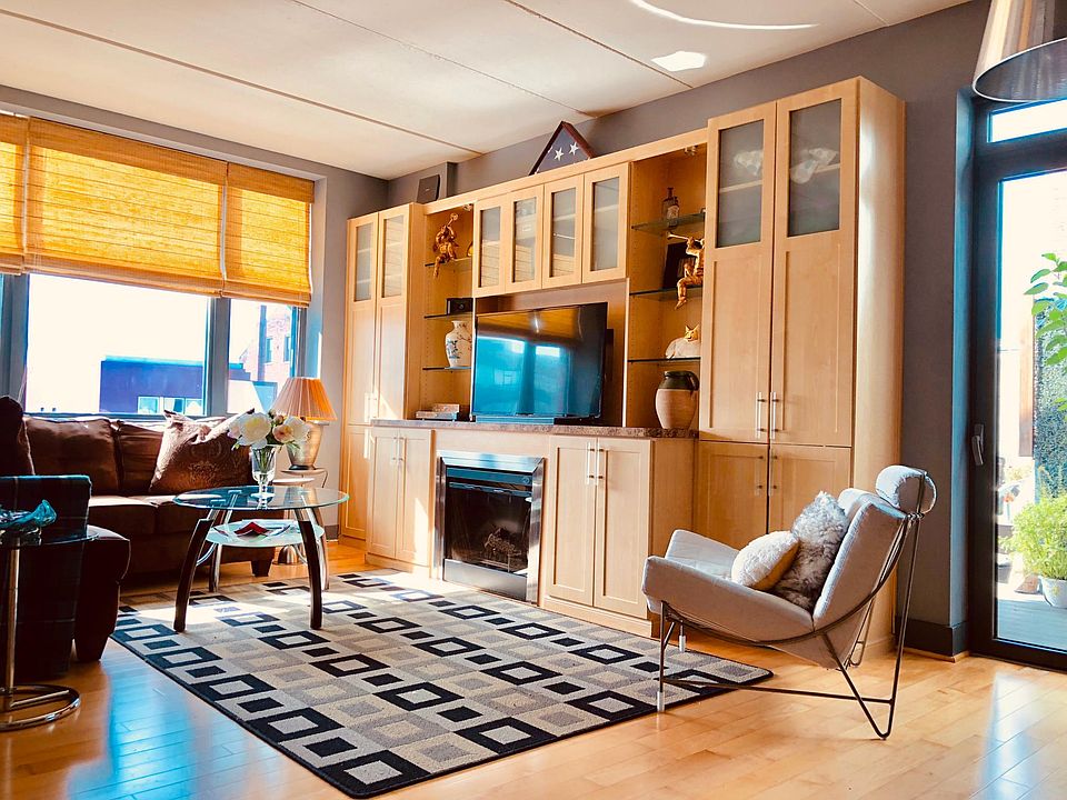 Living room with built in fireplace.