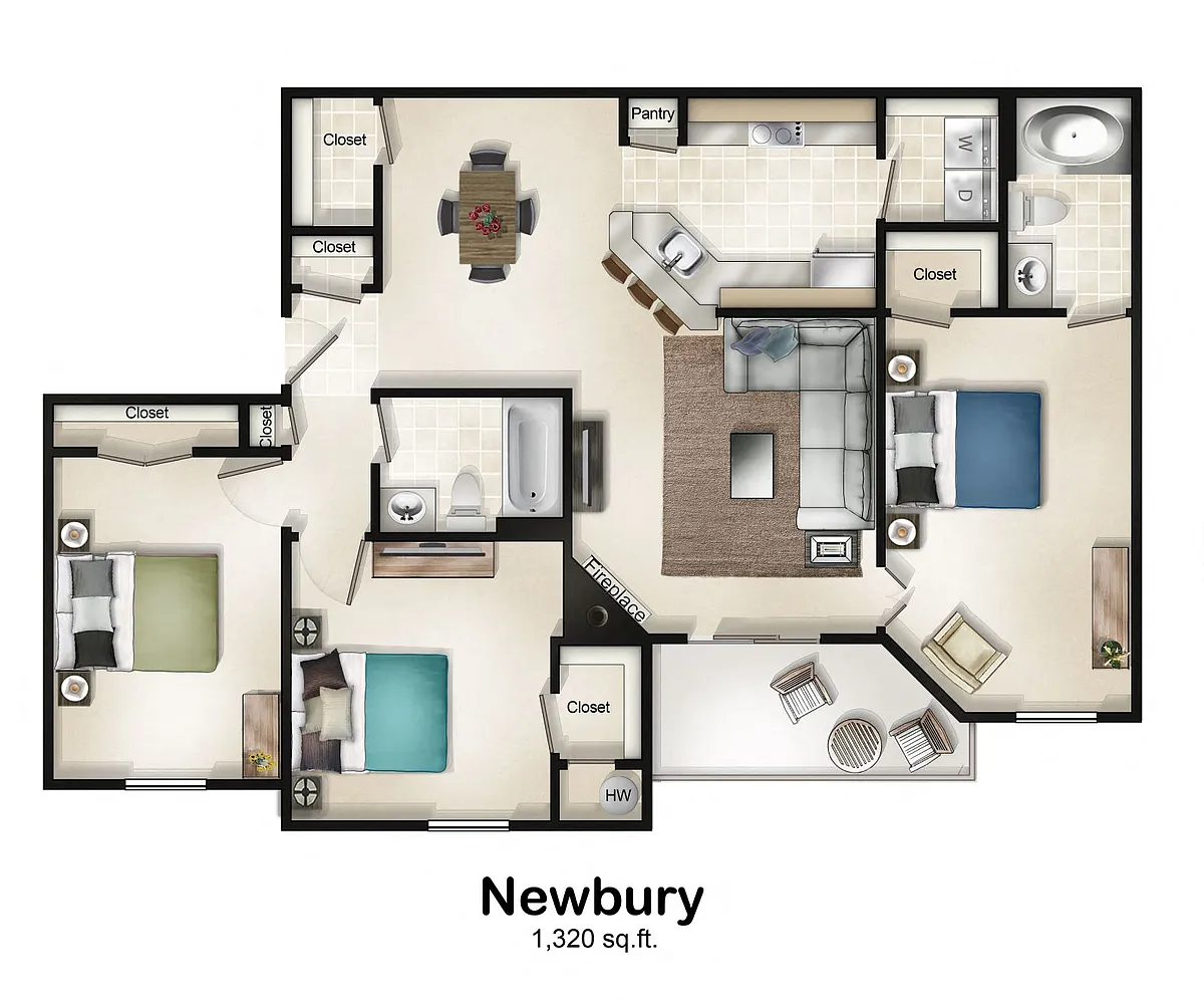 Floor plan 3 Bedroom 2 Bath with Balcony or Patio Newbury