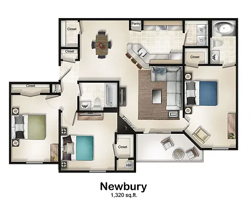 Floor plan 3 Bedroom 2 Bath with Balcony or Patio Newbury