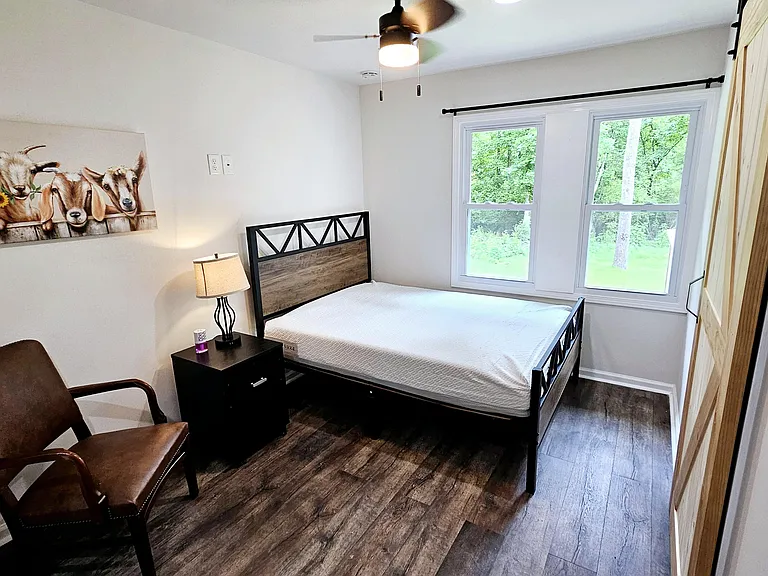 Room with private bathroom and view to the woods. Currently with a full-size bed.