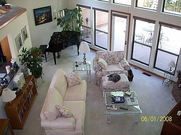 view from loft to great room; shades up