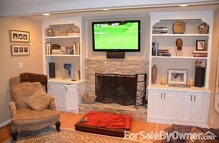 Lovely built-ins with stone fireplace