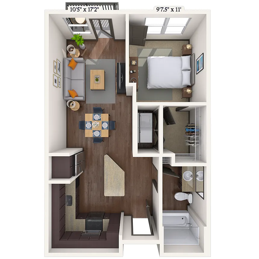 Floor plan Traditional 1x1 586-593 SF