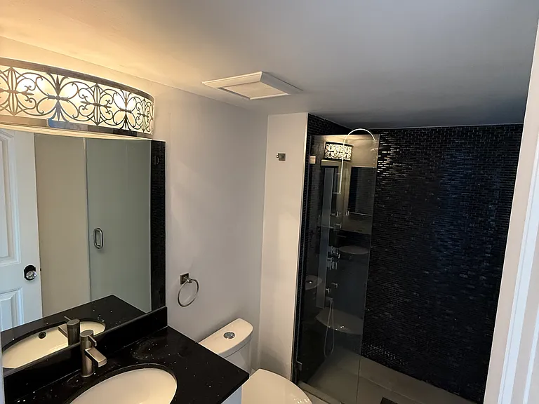 GUEST BATHROOM with custom quartz countertop, dimmable designer lighting & step-in shower with spa massage jets
