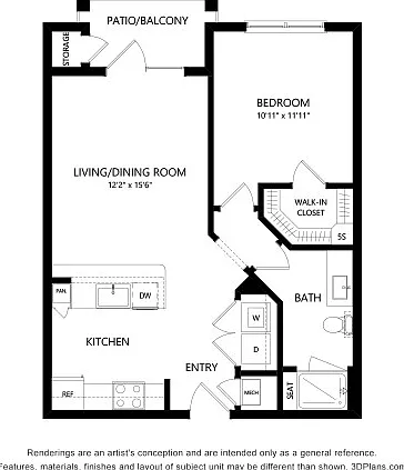 Floor plans are artist's rendering. All dimensions are approximate. Actual product and specifications may vary in dimension or detail. Not all features are available in every apartment. Prices and availability are subject to change. Floor plans are artist
