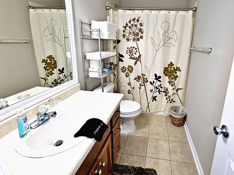 Full-sized bathroom located in the hall. It contains all your necessities and a little extra