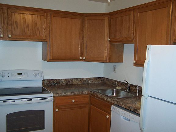 Kitchen (8 feet x13 feet) with electric stove, dishwasher, refrigerator and oak cabinets and countertops.