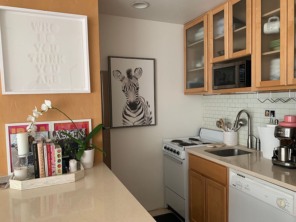 Close Up of galley kitchen with new stainless steel dishwasher and refrigerator.
