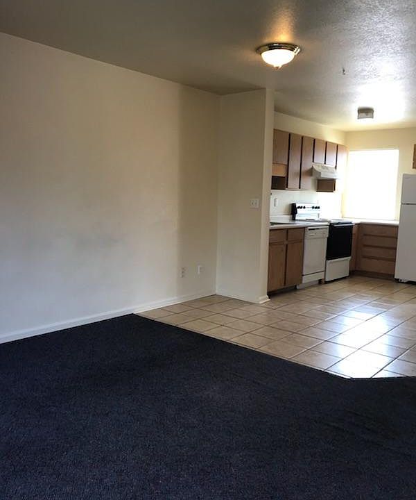 view lliving room towards kitchen carpet will be tan color f
