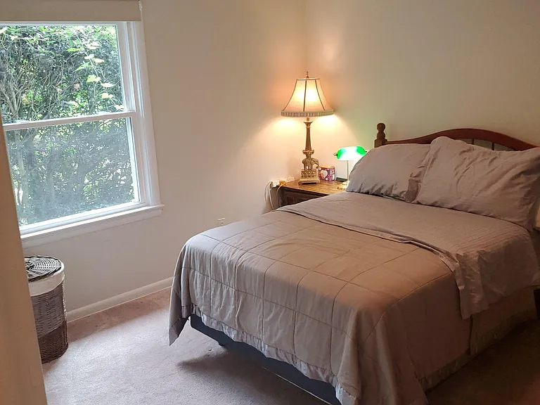 Spacious bedroom with a large window, soft carpet flooring, and room for a full or queen bed plus nightstand.