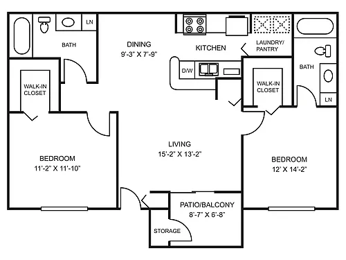 Floor plan 2 Bed, 2 Bath