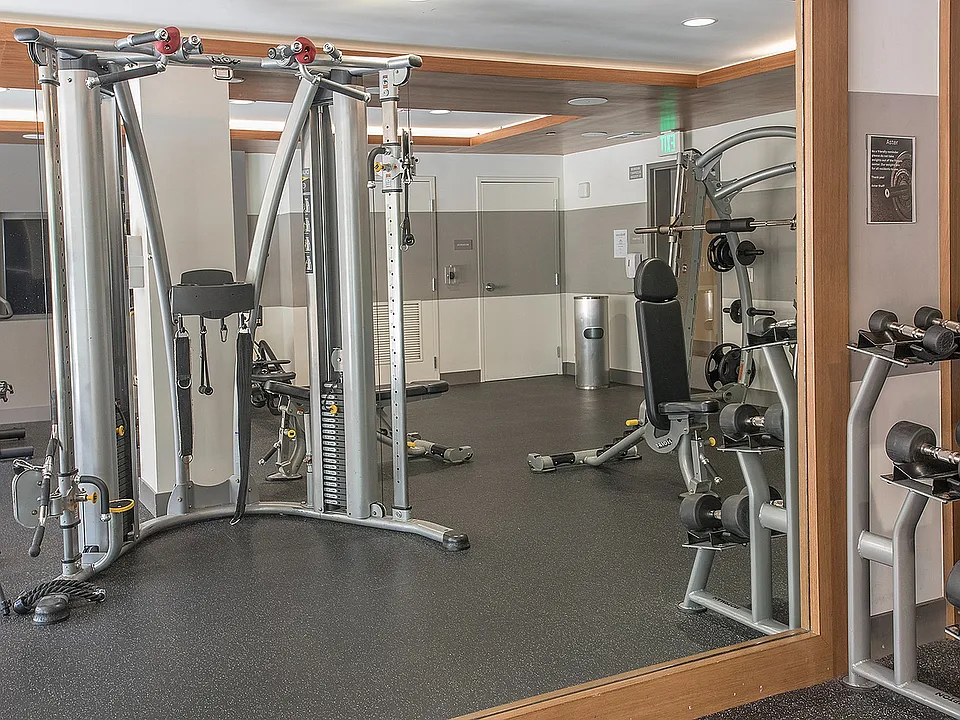 Bright, open gym with free weights and cable machines at Aster Apartments near BART.