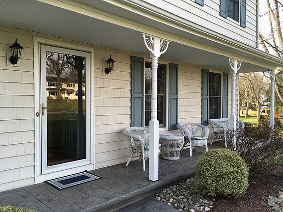 Stamped concrete walk, porch