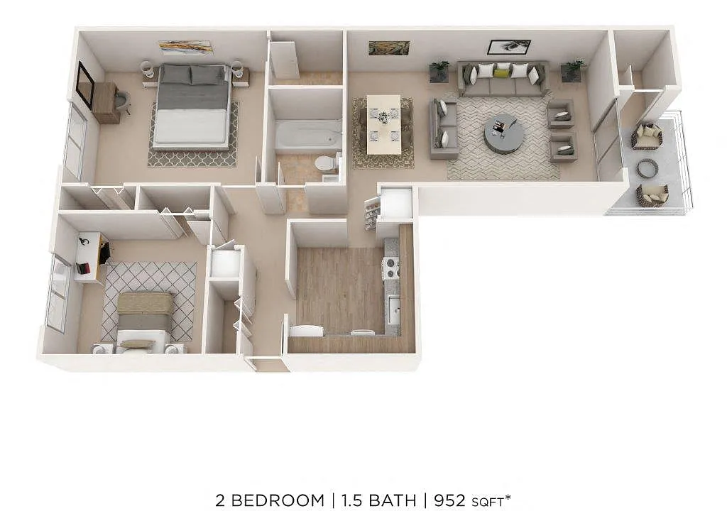 Floor plan Two Bedroom 1.5 Bath-952 sqft