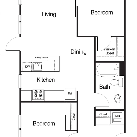 2 Bedroom 1 Bathroom Floorplan Diagram