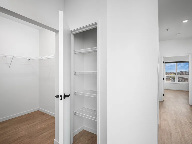 Modern apartment with spacious walk-in closet, sleek built-in shelving, and bright room with city view. Modern apartment with spacious walk-in closet, sleek built-in shelving, and bright room with city view.