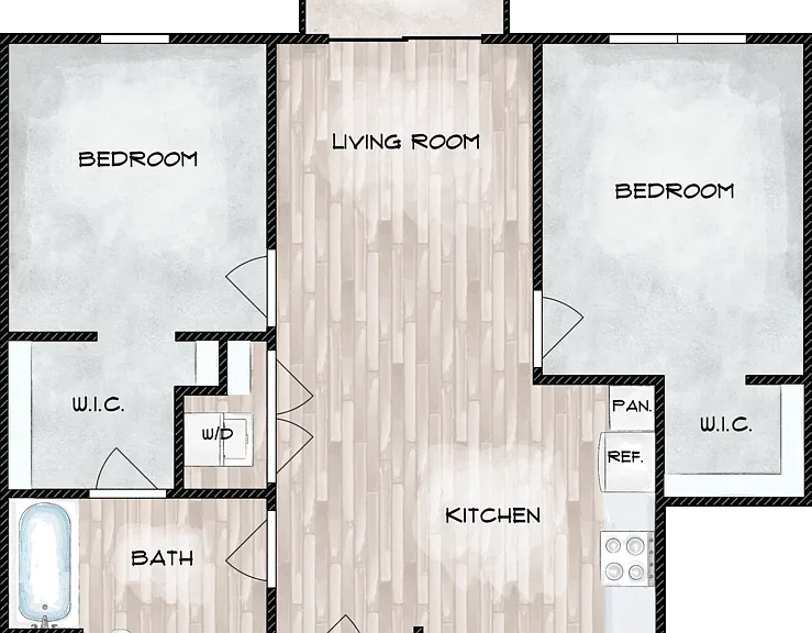 2 Bed 1 Bath Floorplan Diagram