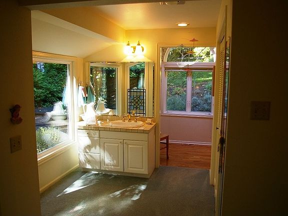Lovely master bath brings the outdoors in with large windows