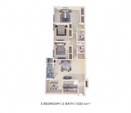 Floor plan Three Bedroom 2 Bath - 1,222 sqft