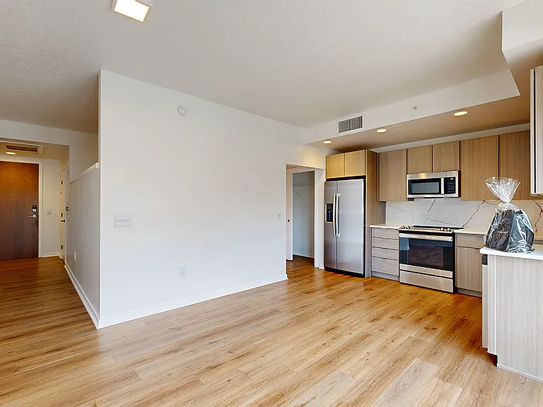 Apartment dining and living room with wood-style flooring.