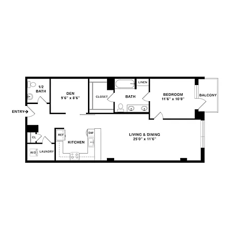 Floor plan 1 Bed/1.5 Bath Den