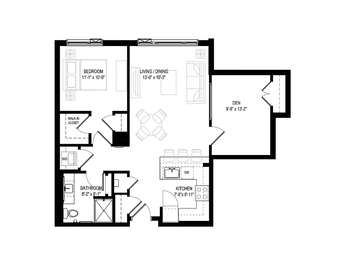 Floor plan 1 Bed/1 Bath Den-1H