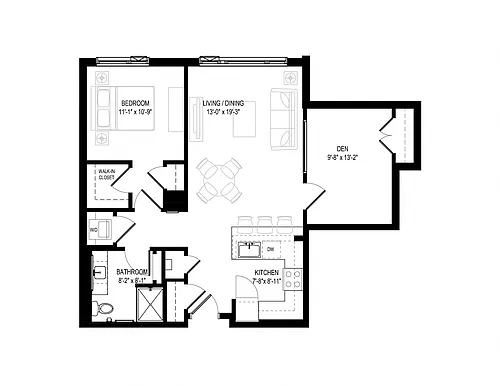 Floor plan 1 Bed/1 Bath Den-1H