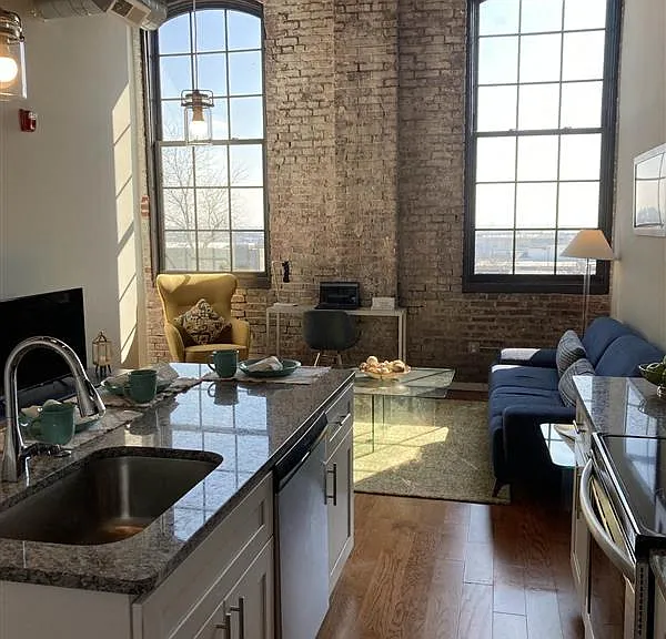 Kitchen with Island and Living Room