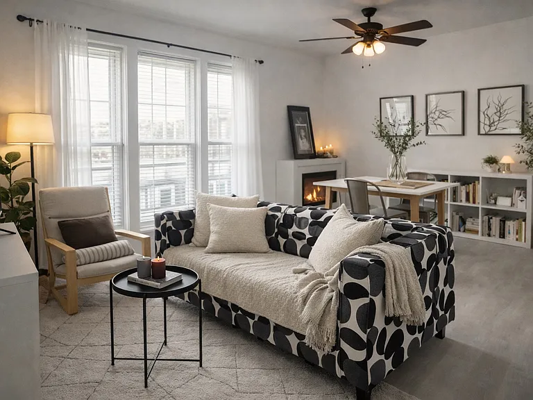 A bright, minimalist space filled with natural light and a subtle sense of character. The open layout creates a comfortable flow, giving you the freedom to make it truly your own.