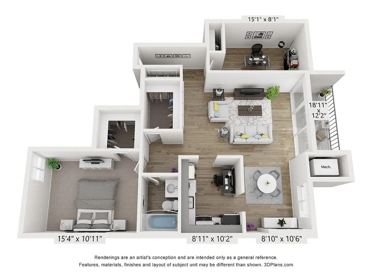 Floor plan Q - 1BR 1BA (945sf)