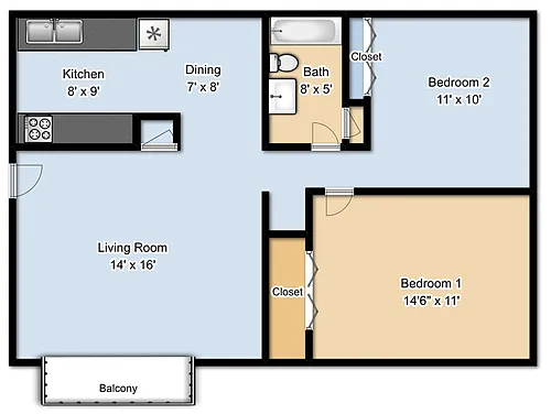 Floor plan Two Bedroom 1 Bath
