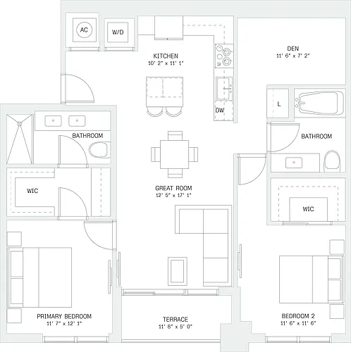 Floor plan 2 Bed/ 2 Bath Den-B7