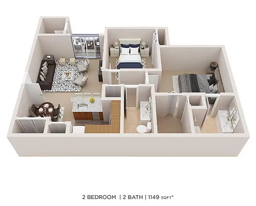 Floor plan Two Bedroom 2 Bath - 1,149 sqft