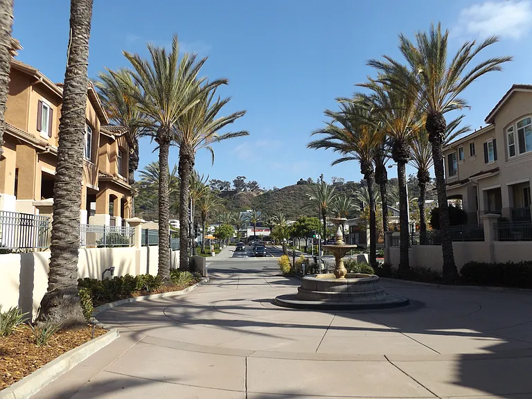 Looking south to shopping across the street outside drive gates