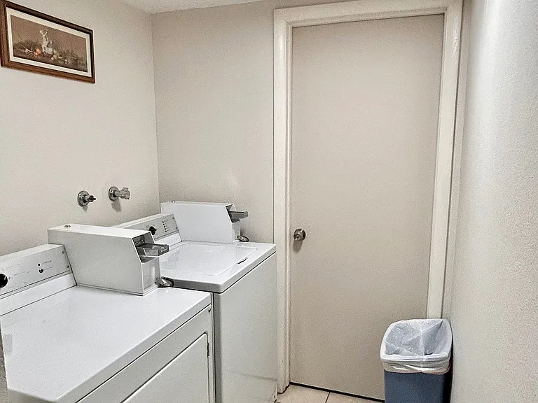 Cozy laundry room with modern washer and dryer set, bright lighting, and elegant wall art.