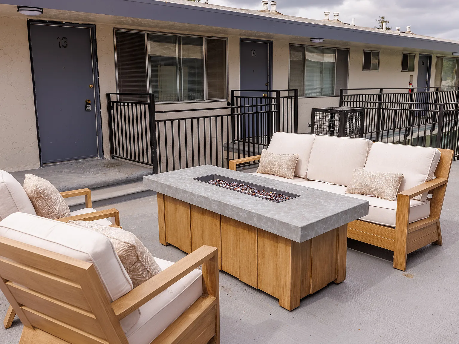 Enjoy the warmth of the fireplace while sitting with friends
