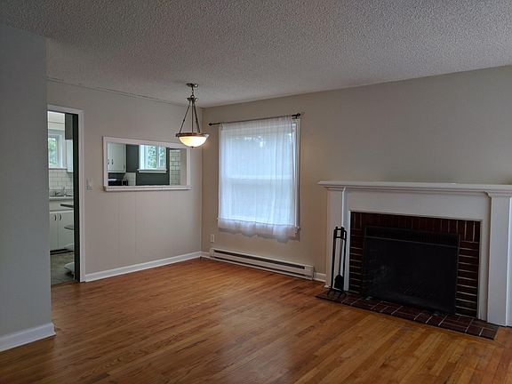 Working wood fireplace and dining area