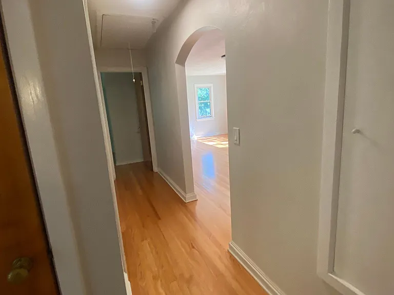 this hall connects the bedrooms and bathroom to the living/dining room. There's a coat closet (natural door to left) and a large linen closet (painted to the right)