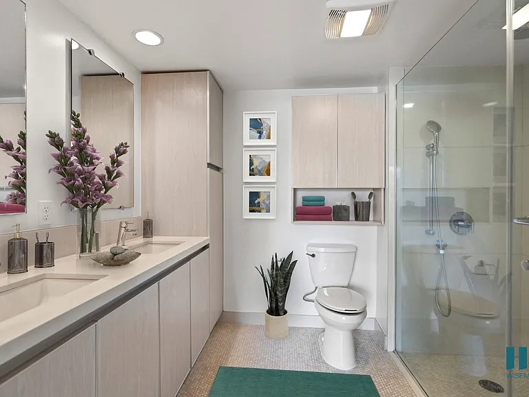 Bathroom with Walk-In Shower & Glass Door, and Vanity Cabinet Storage