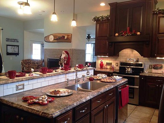 Island & view of fireplace