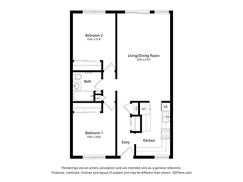 Floor plan 2 Bedroom, 1 Bath B2 50%