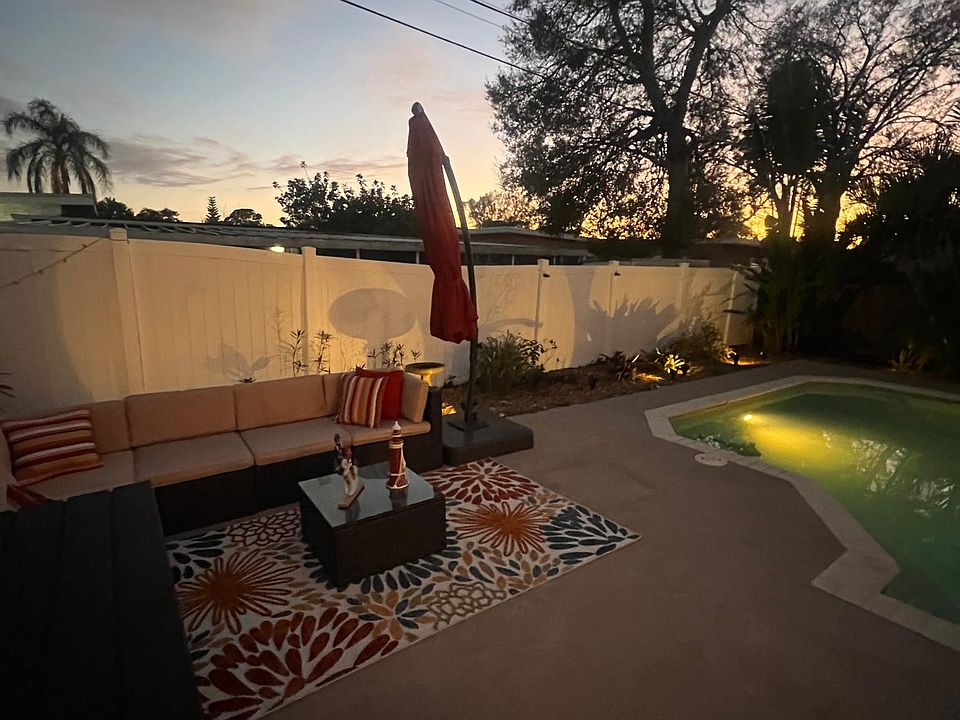 Night view of patio seating area
