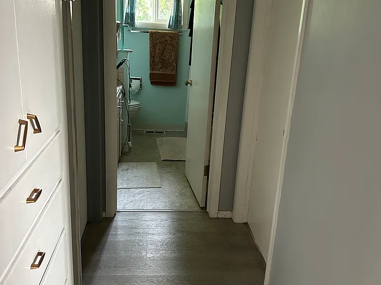 main floor hall way, bedrooms on either side and bathroom at the end