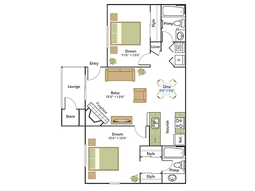Floor plan 2 Bed, 2 Bath D