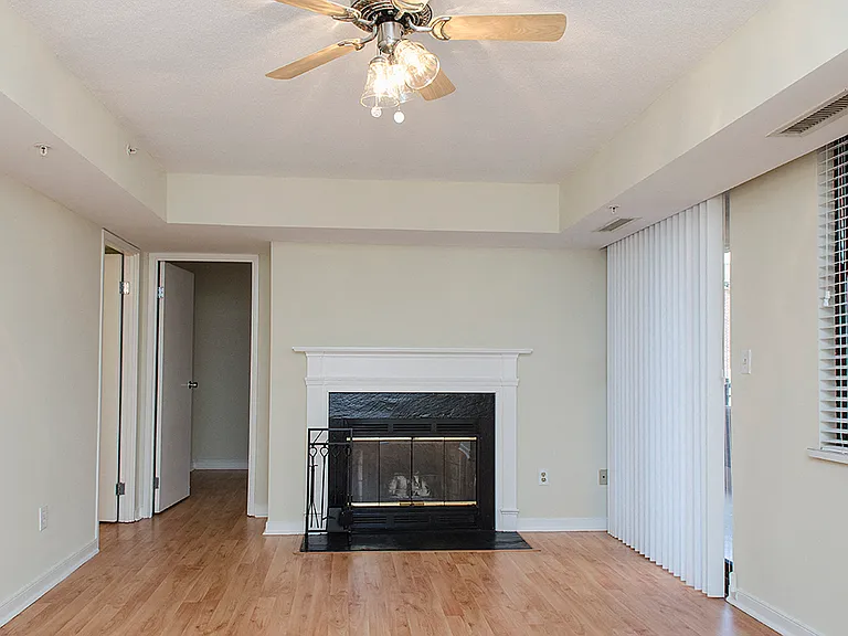 One-bedroom apartment living area with fireplace
