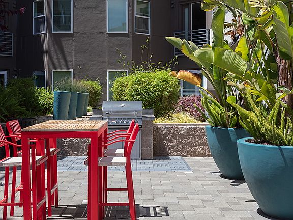 BBQ area with tables and chairs.